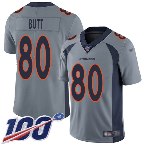Men Denver Broncos #80 Jake Butt Limited Silver Inverted Legend 100th Season Football NFL Jersey